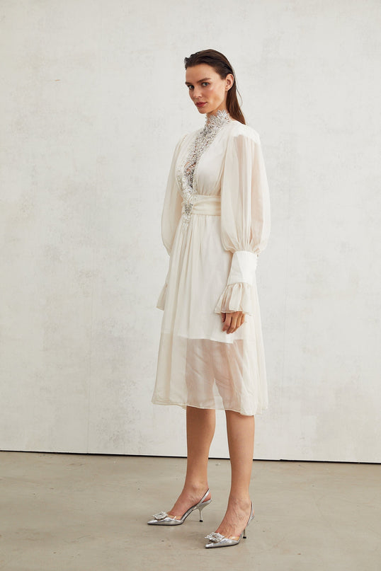 Angioletta White Lace Maxi Dress Embellished with Faux Pearls