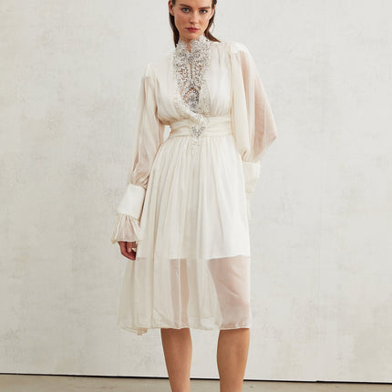 Angioletta White Lace Maxi Dress Embellished faux pearl long sleeves pleated rear zip fastening