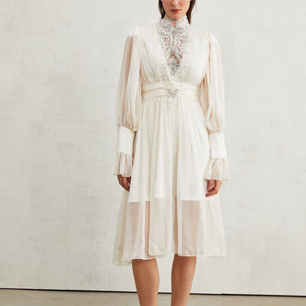 Angioletta White Lace Maxi Dress Embellished faux pearl long sleeves pleated layered silhouette rear zip fastening