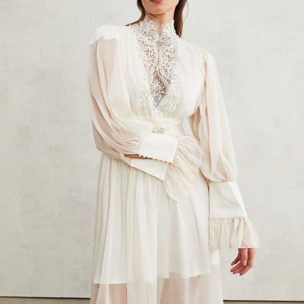 Angioletta White Lace Maxi Dress Embellished Faux Pearl Long Sleeves Pleated Layered Silhouette Rear Zip Fastening Elegant Glamorous