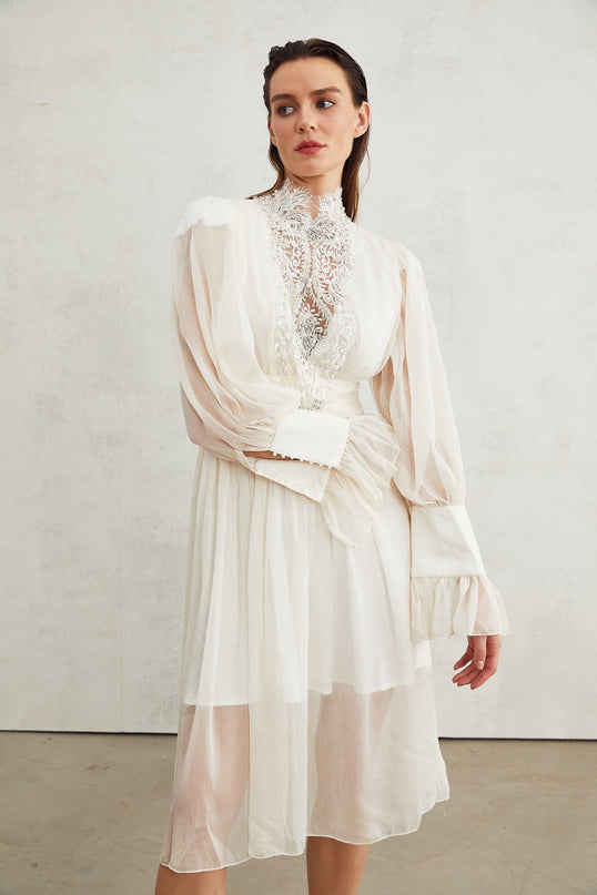 Angioletta White Lace Maxi Dress Embellished Faux Pearl Long Sleeves Pleated Layered Silhouette Rear Zip Fastening Elegant Glamorous