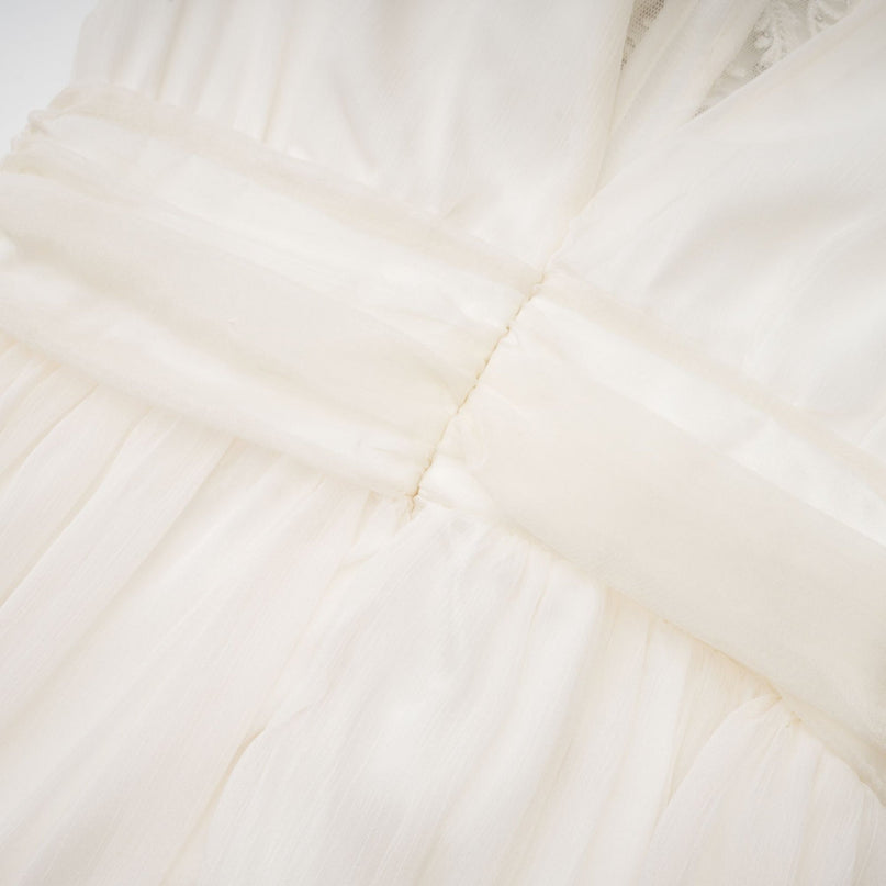 Angioletta White Lace Maxi Dress Embellished faux pearl long sleeves pleated silhouette rear zip fastening elegant glamorous