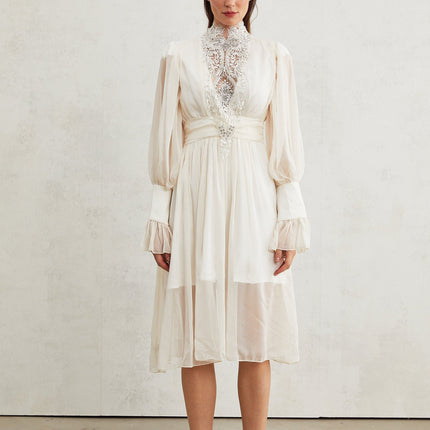 Angioletta White Lace Maxi Dress with Faux Pearl Embellishments