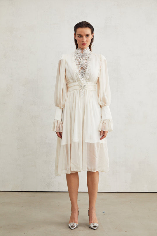 Angioletta White Lace Maxi Dress with Faux Pearl Embellishments