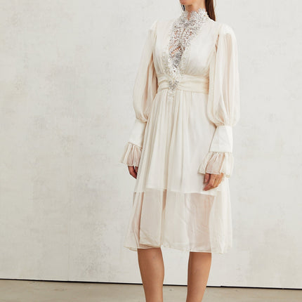 Angioletta White Lace Maxi Dress with Faux Pearl Embellishments