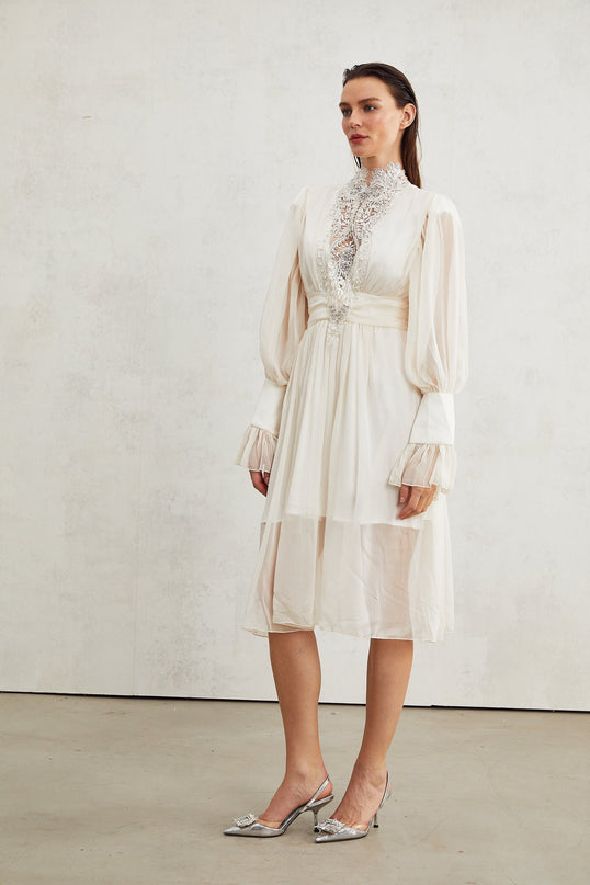 Angioletta White Lace Maxi Dress with Faux Pearl Embellishments