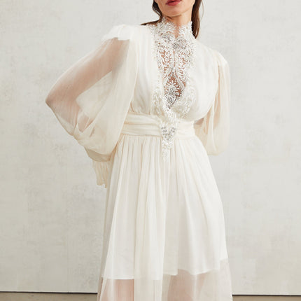 Angioletta White Lace Maxi Dress with Faux Pearl Embellishments
