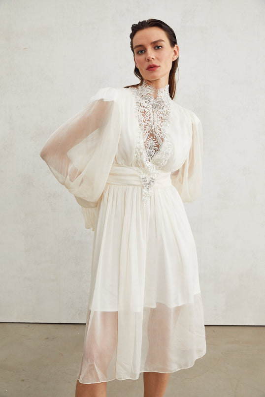 Angioletta White Lace Maxi Dress with Faux Pearl Embellishments