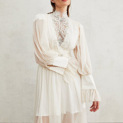 Angioletta White Lace Maxi Dress with Faux Pearl Embellishments