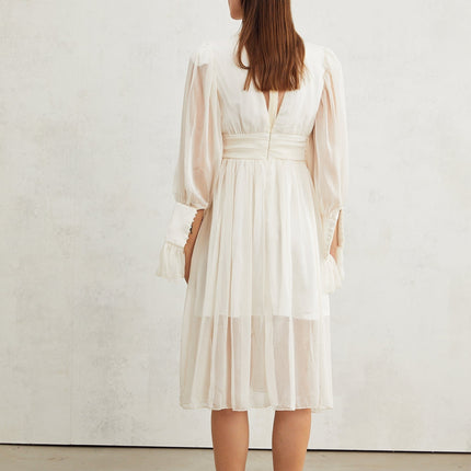 Angioletta White Lace Maxi Dress with Faux Pearl Embellishments