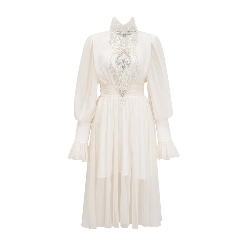 Angioletta White Lace Maxi Dress with Faux Pearl Embellishments