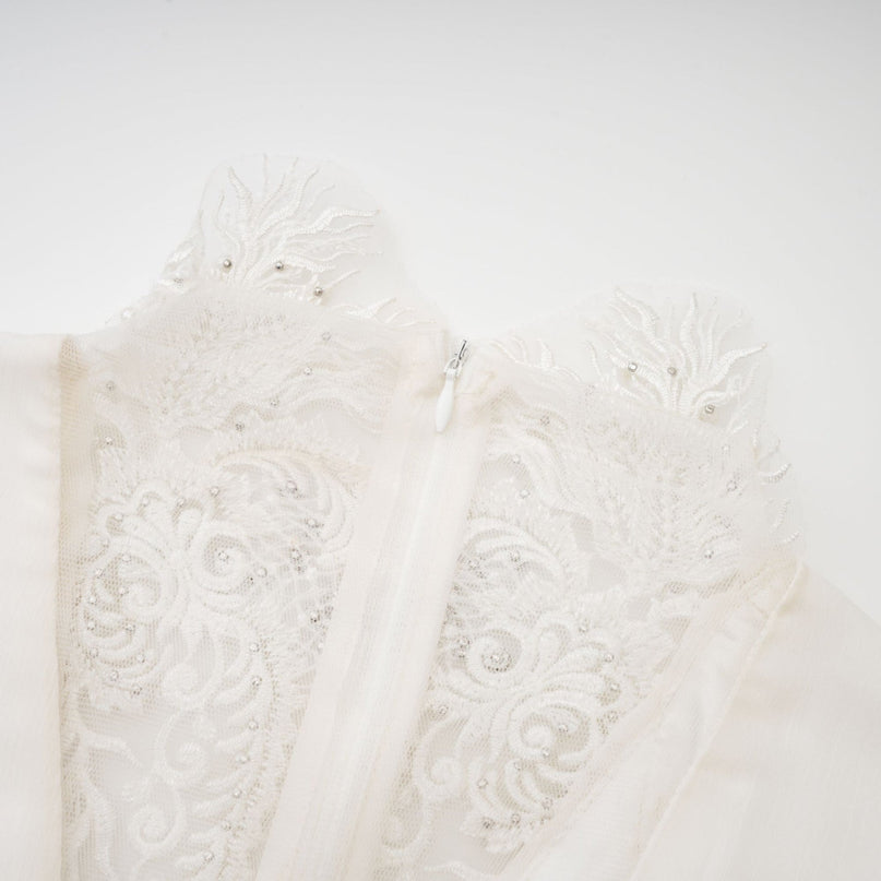 Angioletta White Lace Maxi Dress with Faux Pearl Embellishments