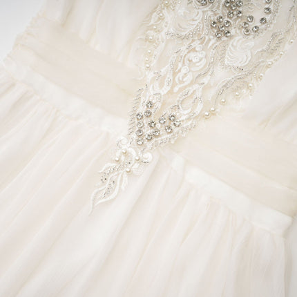 Angioletta White Lace Maxi Dress with Faux Pearl Embellishments