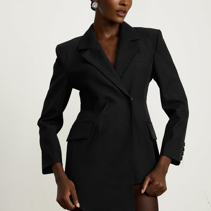 Anita Black Blazer Notched Lapels Long Sleeves Slit Cuffs Asymmetric Hem Flap Pockets Front Button Fastening Terylene Fiber