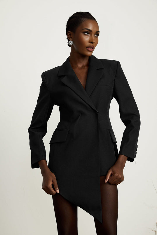 Anita Black Blazer Notched Lapels Long Sleeves Slit Cuffs Asymmetric Hem Flap Pockets Front Button Fastening Terylene Fiber