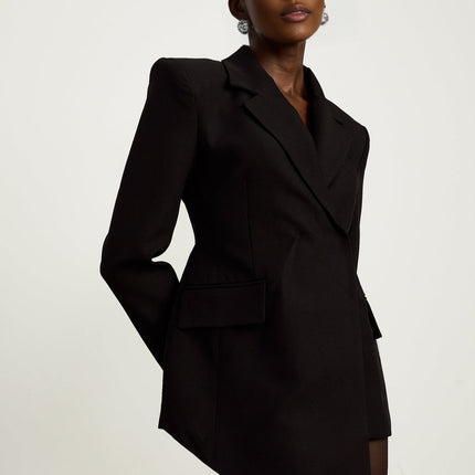 Anita Black Blazer with Notched Lapels and Asymmetric Hem