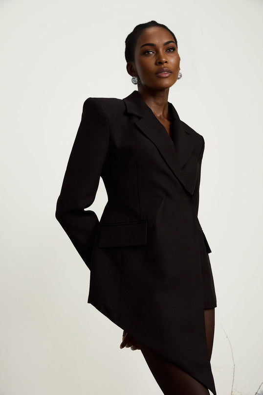 Anita Black Blazer with Notched Lapels and Asymmetric Hem