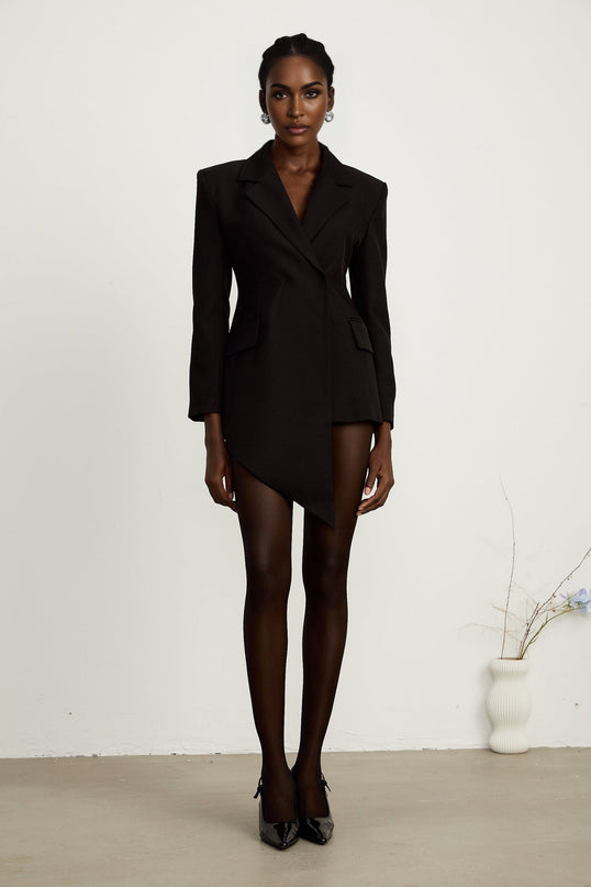 Anita Black Blazer with Notched Lapels and Asymmetric Hem in 100% Terylene Fiber