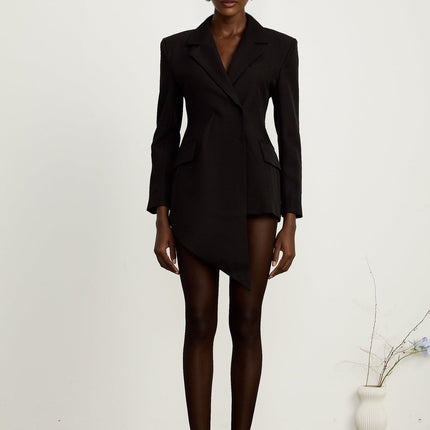 Anita Black Blazer with Notched Lapels and Asymmetric Hem