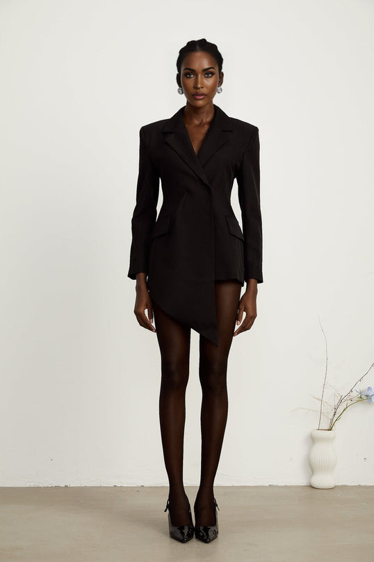 Anita Black Blazer with Notched Lapels and Asymmetric Hem
