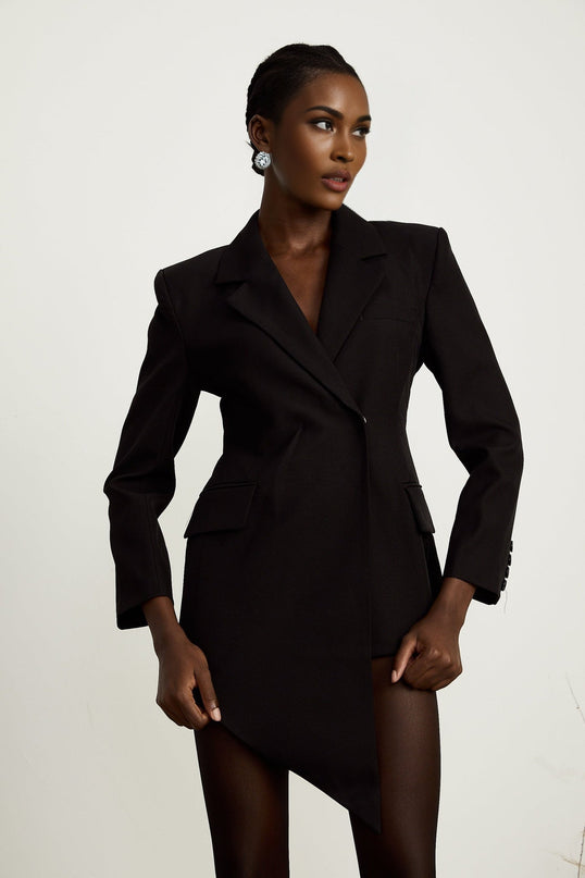Anita Black Blazer with Notched Lapels and Asymmetric Hem