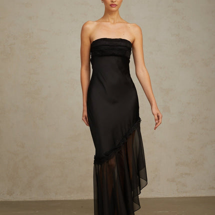 Anita Black Maxi Dress with Lace Trim and Tulle Panel Detailing