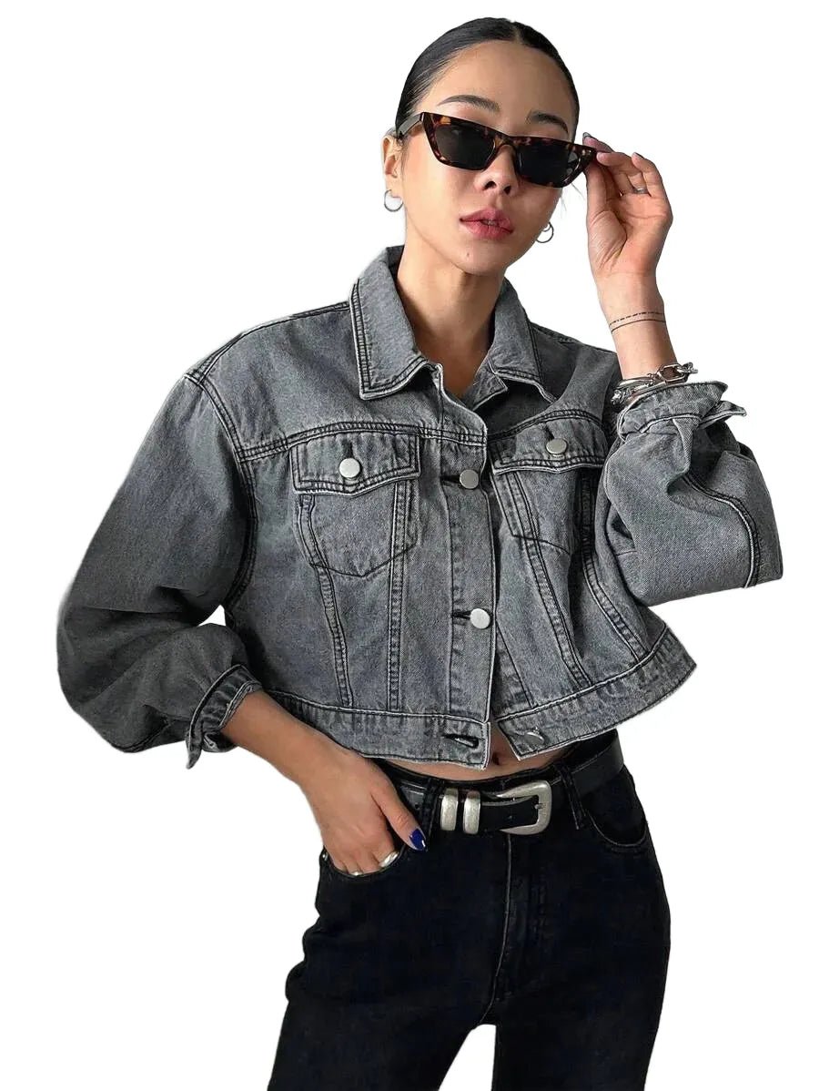 Anita Cropped Denim Jacket with Stylish Fit in Grey - Grey