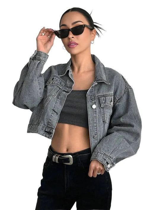 Anita Cropped Denim Jacket with Stylish Fit in Grey - Grey