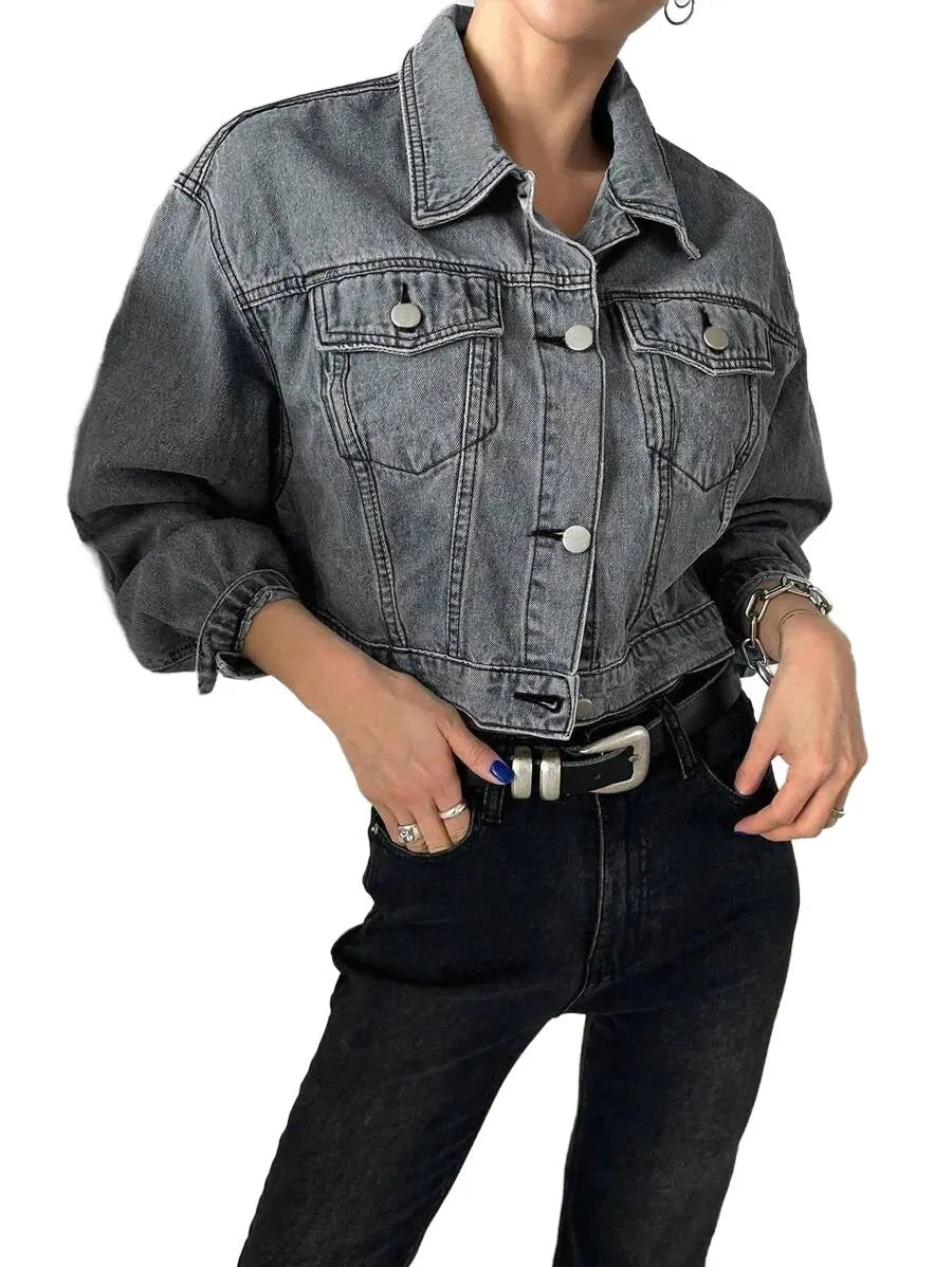 Anita Cropped Denim Jacket with Stylish Fit in Grey - Grey