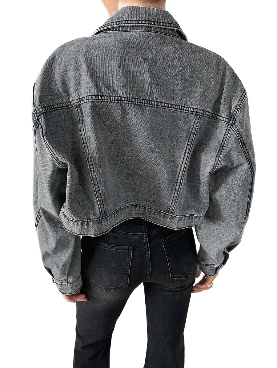Anita Cropped Denim Jacket with Stylish Fit in Grey - Grey