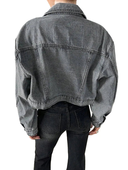 Anita Cropped Denim Jacket with Stylish Fit in Grey - Grey