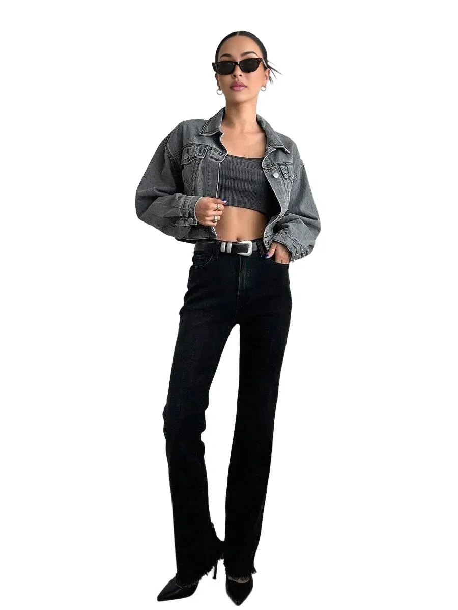 Anita Cropped Denim Jacket with Stylish Fit in Grey - Grey
