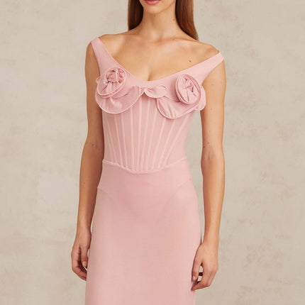 Anita Midi Dress in 3D Petal Pink fitted silhouette scoop neck sleeveless boned bodice 3D-petal detailing straight hem slip-on style modern woman timeless charm Terylene fiber Spandex comfort style