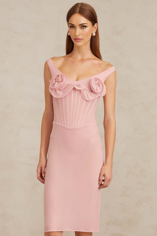 Anita Midi Dress in 3D Petal Pink fitted silhouette scoop neck sleeveless boned bodice 3D-petal detailing straight hem slip-on style modern woman timeless charm Terylene fiber Spandex comfort style