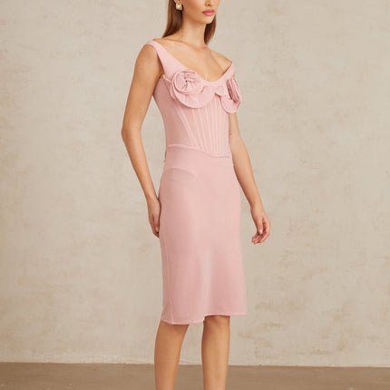 Anita Midi Dress in 3D Petal Pink fitted silhouette scoop neck sleeveless boned bodice 3D-petal detailing straight hem slip-on style midi length Terylene fiber Spandex comfort style