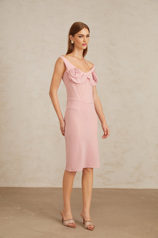 Anita Midi Dress in 3D Petal Pink fitted silhouette scoop neck sleeveless boned bodice 3D-petal detailing straight hem slip-on style midi length Terylene fiber Spandex comfort style