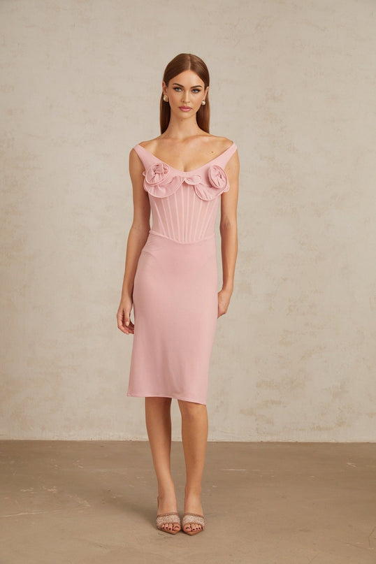 Anita Midi Dress in 3D Petal Pink with boned bodice and intricate 3D-petal detailing