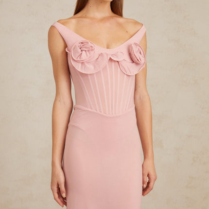Anita Midi Dress in 3D Petal Pink with Boned Bodice and 3D-Petal Detailing