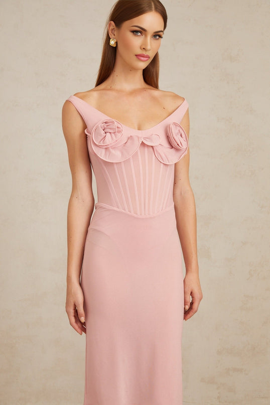 Anita Midi Dress in 3D Petal Pink with Boned Bodice and 3D-Petal Detailing