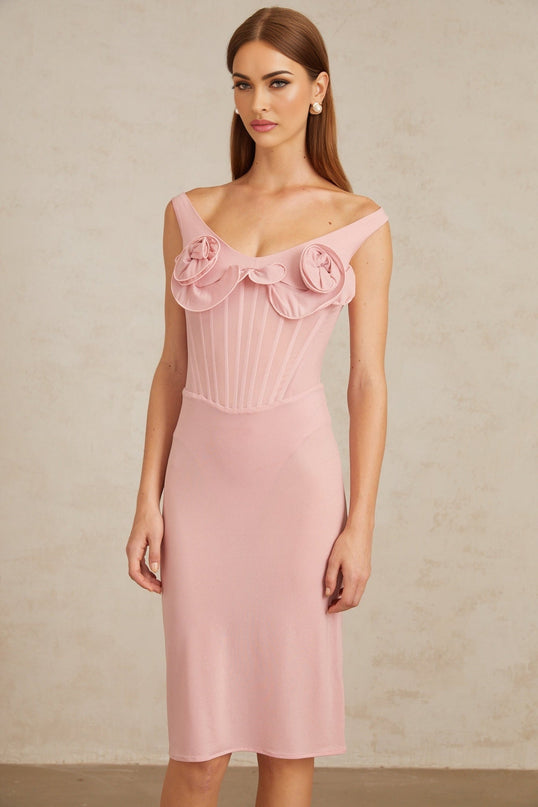 Anita Midi Dress in 3D Petal Pink fitted silhouette scoop neck sleeveless boned bodice 3D-petal detailing seamless elegance straight hem slip-on style modern woman timeless charm Terylene fiber Spandex comfort style