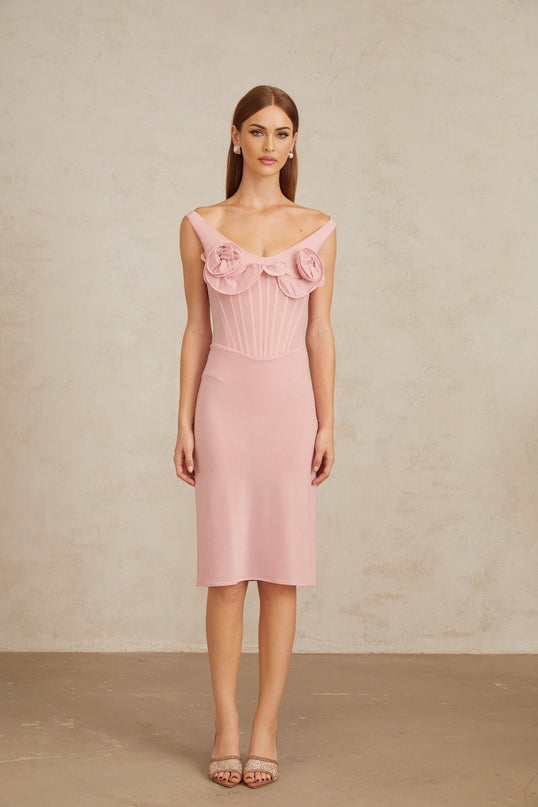 Anita Midi Dress in 3D Petal Pink fitted silhouette scoop neck sleeveless boned bodice 3D-petal detailing straight hem slip-on style midi length Terylene fiber Spandex comfort style