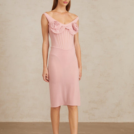 Anita Midi Dress in 3D Petal Pink fitted silhouette scoop neck boned bodice 3D-petal detailing seamless elegance straight hem slip-on style modern woman midi length Terylene fiber Spandex comfort style