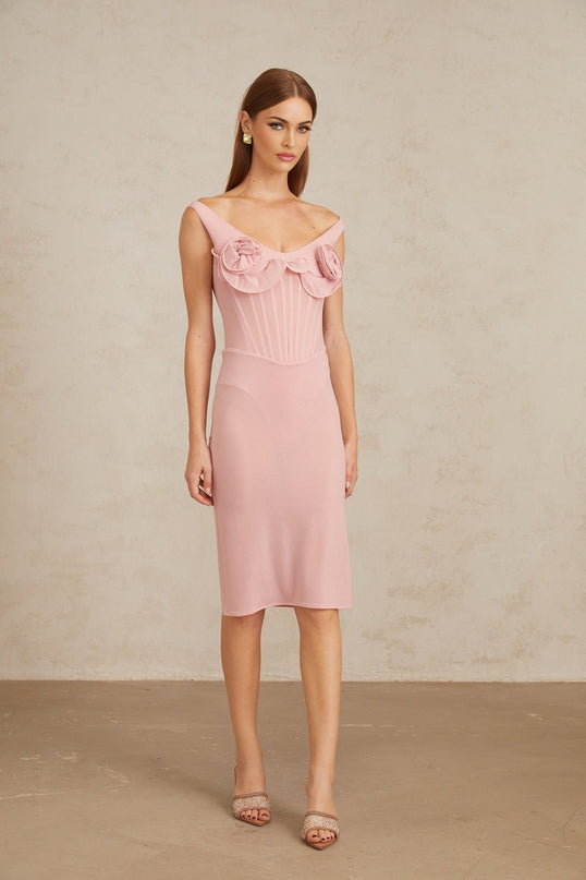 Anita Midi Dress in 3D Petal Pink fitted silhouette scoop neck boned bodice 3D-petal detailing seamless elegance straight hem slip-on style modern woman midi length Terylene fiber Spandex comfort style