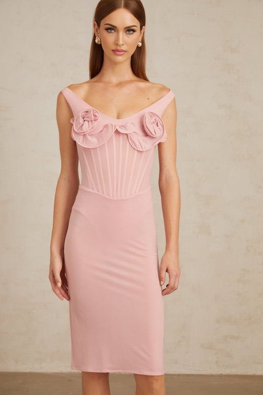 Anita Midi Dress in 3D Petal Pink with boned bodice and intricate 3D-petal detailing