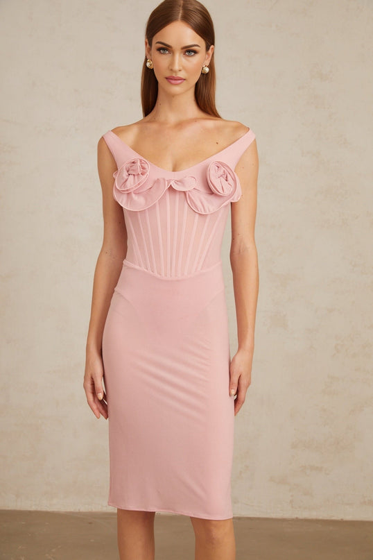 Anita Midi Dress in 3D Petal Pink fitted silhouette scoop neck sleeveless boned bodice 3D-petal detailing straight hem slip-on style modern woman timeless charm Terylene fiber Spandex comfort style