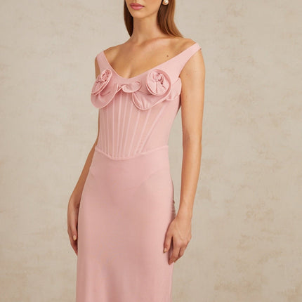 Anita Midi Dress in 3D Petal Pink with intricate petal detailing and boned bodice