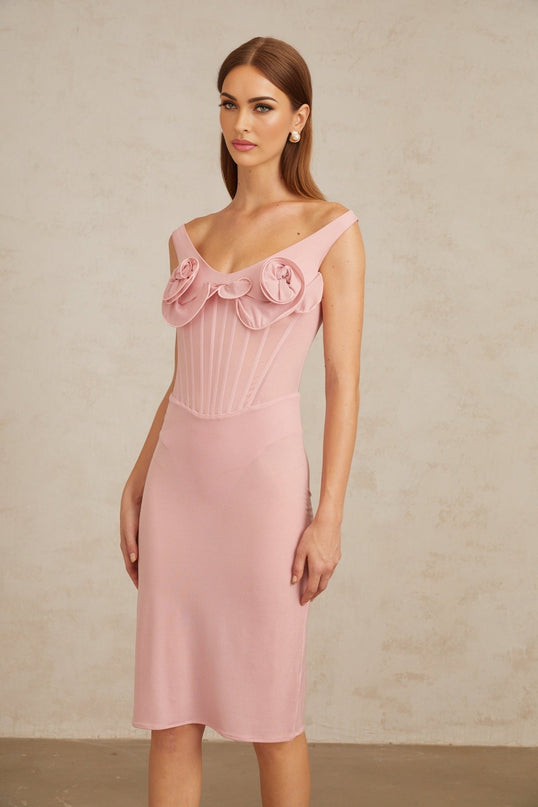 Anita Midi Dress in 3D Petal Pink with intricate petal detailing and boned bodice