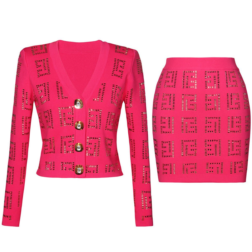 Anita wearing Pink Geometric Cutout Cardigan and Skirt Set with Gold Details