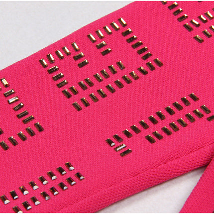 Anita in Pink Geometric Cutouts Fitted Cardigan and Mini Skirt with Gold Details