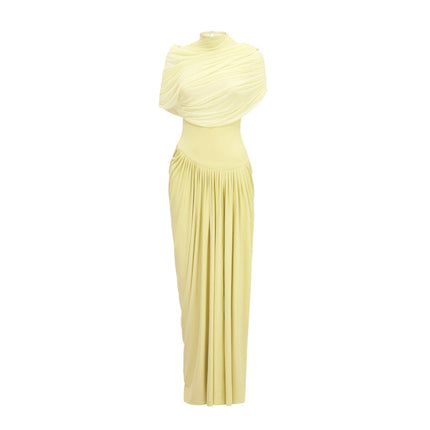 Anna Maxi Dress in Yellow Pleated Draped Asymmetrical Silhouette Mesh Shawl Floor-Length Slip-On Style